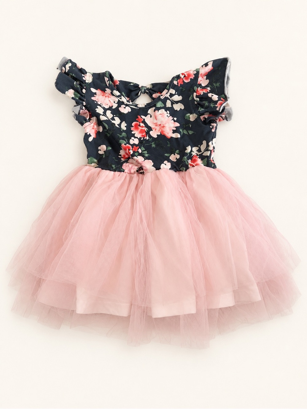 Navy Floral & Pink Tulle Girls' Party Dress